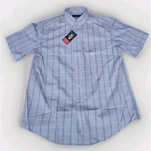 Roundtree Yorke Travel Smart Shirt Mens Size Large Gray Blue Plaid Short Sleeve